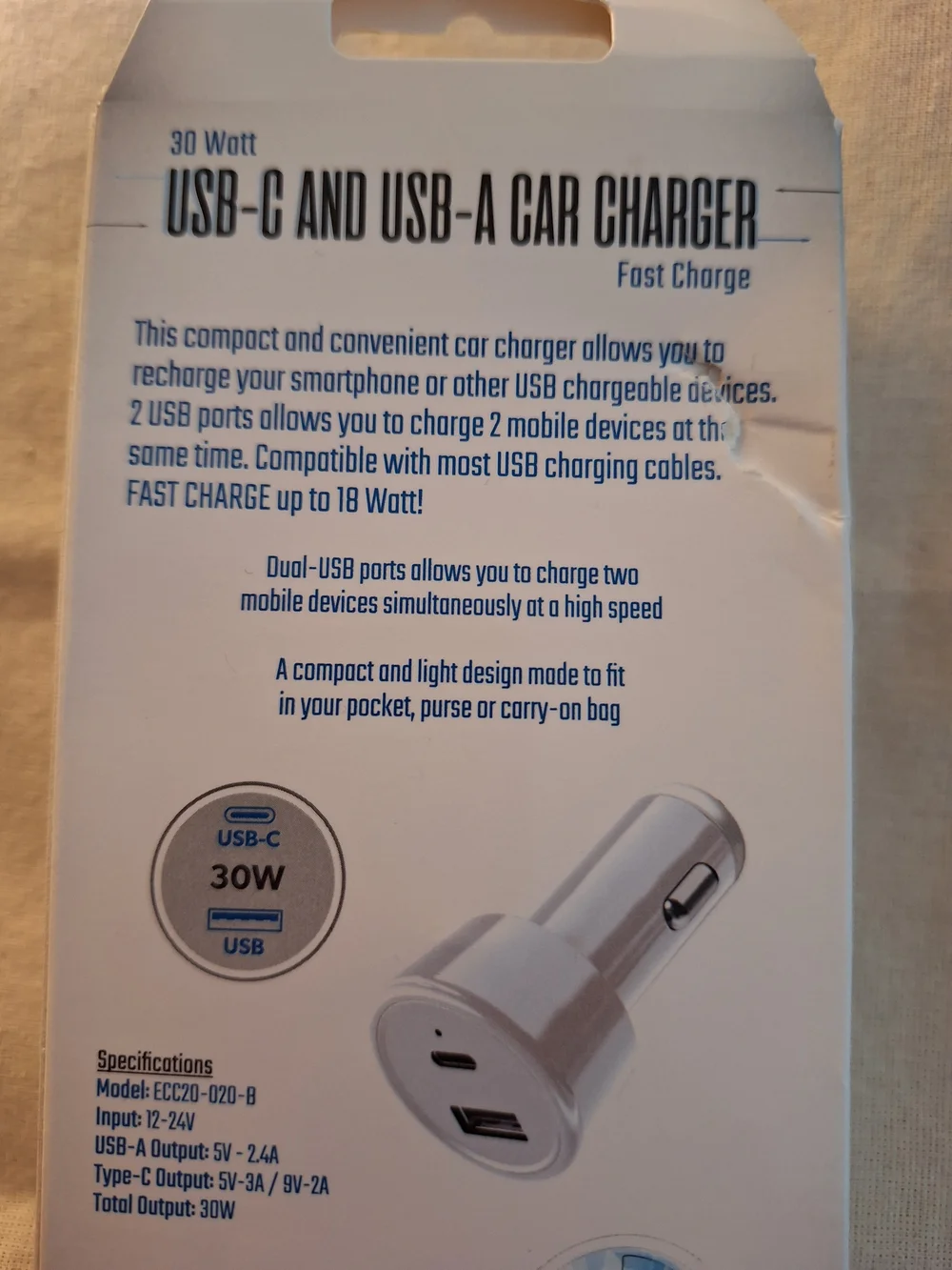Infi Tek 30W USB-C & USB-A Car Charger White New
